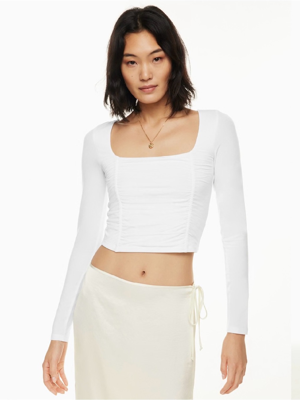 Aritzia Wilfred Lydia Square Neck Ruched White Long-Sleeve Crop Top Stretchy Fit